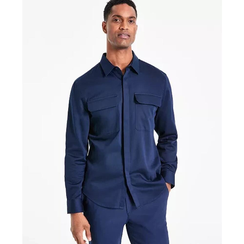 Alfani Men's Regular-Fit NAVY Long-Sleeve Flap Pockets Button-Up Shirt Size S